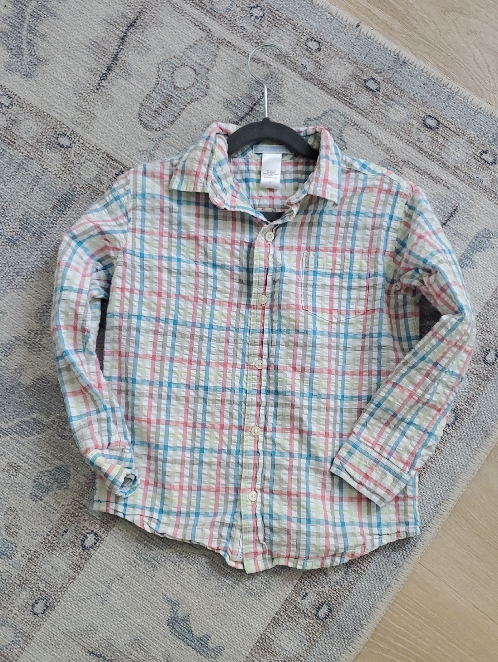 Janie and Jack Boys Seersucker Pastel Plaid Button Up Cotton Shirt Sz6